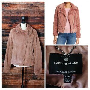 Lucky Brand Coat XL Faux Fur Moto Jacket Super Soft Dusty Rose Asymmetrical Zip